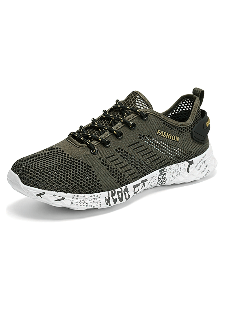 Men's casual lace-up mesh sneakers with soft outsole, air mesh upper, and geometric pattern, stylish olive green color - SF0805